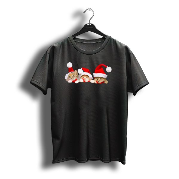 3 Santa Hat Christmas Cats Peeking In The Pocket T Shirt t shirt 1