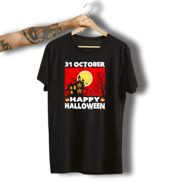 31 October Happy Halloween Haunted House Full Moon Pumpkins Bats Spooky Tree T Shirt t shirt 1