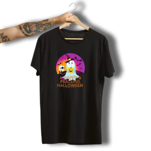 A Happy And Peaceful Halloween Ghost With Witch Hat And Pumpkin T Shirt t shirt 1