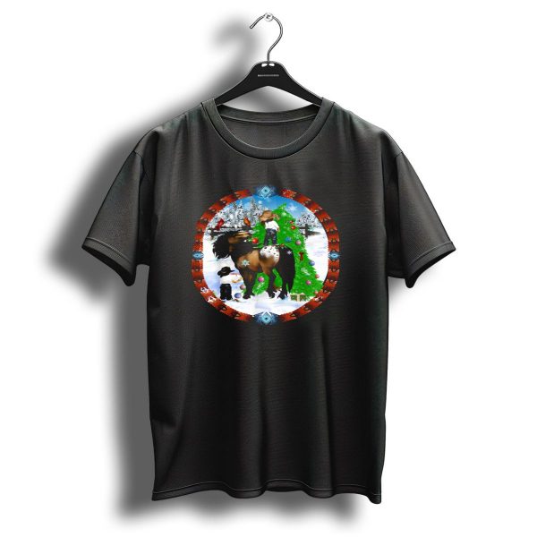 A Horse And A Kid With Christmas Tree In Festive Snowy Oval Scene T Shirt 1 t shirt 1