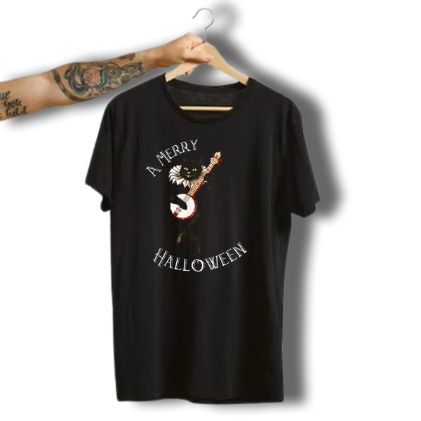 A Merry Halloween Vintage Black Cat Banjo Player T Shirt 1 t shirt 1