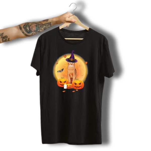 Abyssinian Cat Witch With Pumpkins And Full Moon Halloween Scene T Shirt t shirt 1