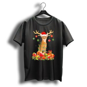 Abyssinian Cat With Santa Hat And Reindeer Antlers Surrounded By Christmas Gifts T Shirt