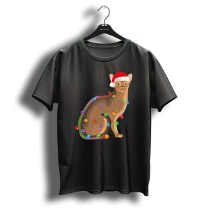 Abyssinian Cat Wrapped In Christmas Lights With Santa Hat T Shirt