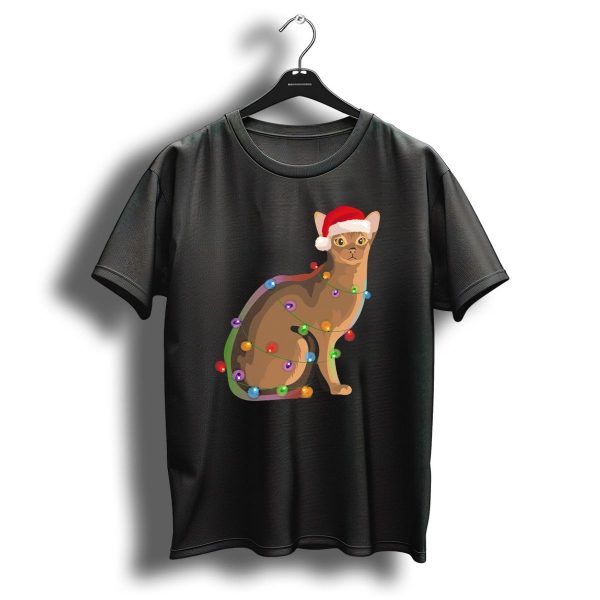 Abyssinian Cat Wrapped In Christmas Lights With Santa Hat T Shirt 1 t shirt 1