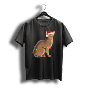 Abyssinian Cat Wrapped In Christmas Lights With Santa Hat T-Shirt