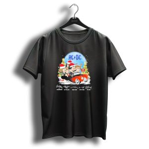 Acdc Band Members In Santa Hats Merry Christmas Signatures On Car With Highway To Hell Sign T Shirt