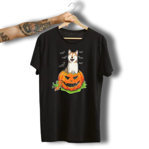 Adorable Akita Dog In Jack O Lantern With Flying Bats Halloween Pumpkin T Shirt t shirt 1