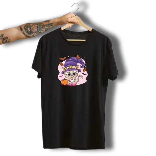 Adorable Halloween Cat Witch With Pumpkin And Bats T Shirt t shirt 1