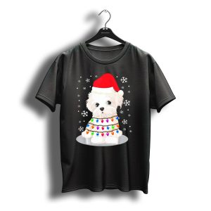Adorable Maltese Puppy Wrapped In Christmas Lights And Santa Hat With Snowflakes T-Shirt
