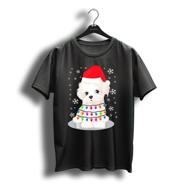 Adorable Maltese Puppy Wrapped In Christmas Lights And Santa Hat With Snowflakes T Shirt t shirt 1