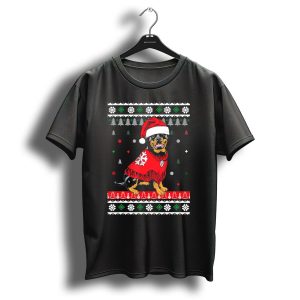 Adorable Rottweiler In Santa Hat And Festive Sweater With Christmas Trees And Snowflakes T Shirt