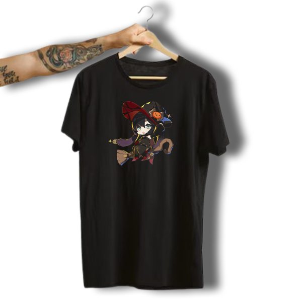 Ae Entropy Happy Halloween Genshin Impact Mona Witch Broom Pumpkin Hat T Shirt t shirt 1