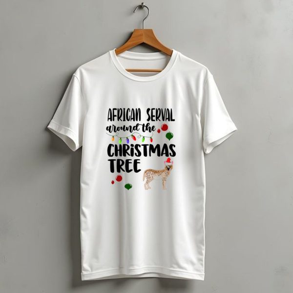 African Serval Around The Christmas Tree Lights And Ornaments T Shirt 1 t shirt 1
