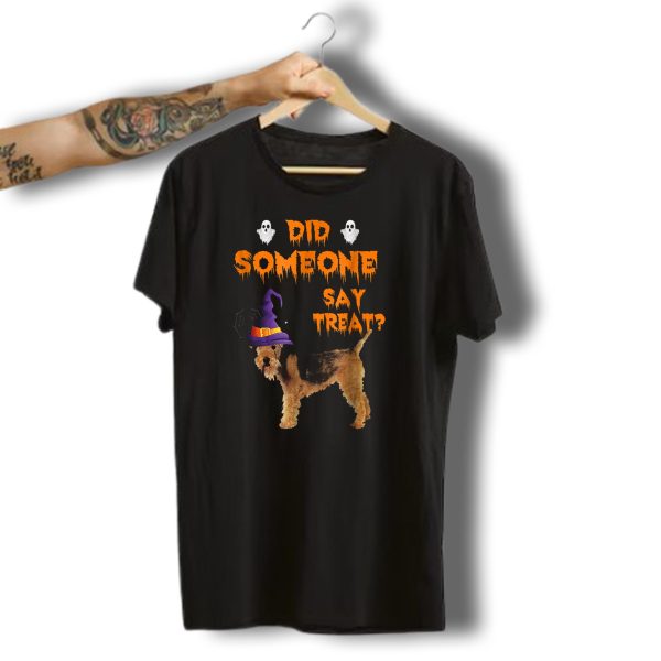 Airedale Terrier Halloween Did Someone Say Treat With Witch Hat And Ghosts T Shirt t shirt 1