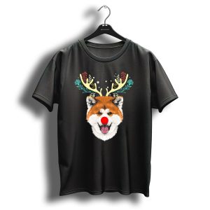Akita Dog With Reindeer Antlers And Red Nose Christmas Costume T-Shirt