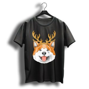 Akita Dog With Reindeer Antlers Christmas Holiday T-Shirt