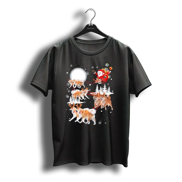 Akita Dogs Dressed As Reindeer Pulling Santas Sleigh Under The Moon T Shirt t shirt 1