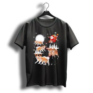 Akita Dogs Dressed As Reindeer Pulling Santas Sleigh Under The Moon With Christmas Gifts T Shirt