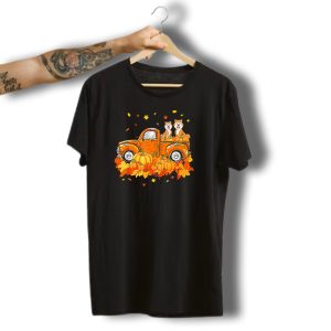 Akita Dogs With Pumpkins In Vintage Truck Halloween Scene T-Shirt