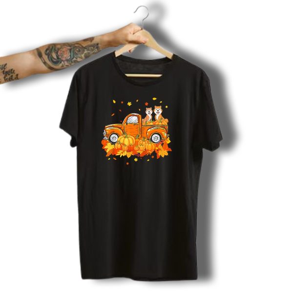 Akita Dogs With Pumpkins In Vintage Truck Halloween Scene T Shirt 1 t shirt 1