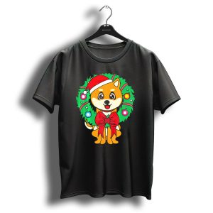 Akita In Santa Hat With Christmas Wreath T Shirt