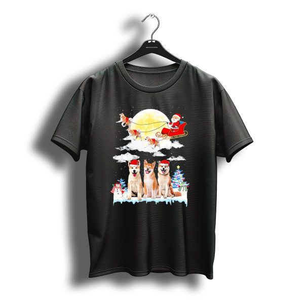Akita Inu Dogs With Santa Sleigh Full Moon Christmas Scene T Shirt t shirt 1