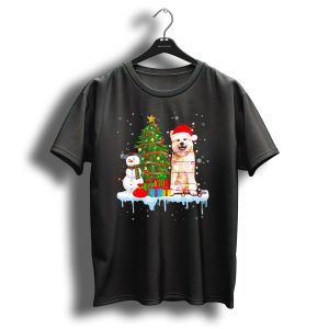 Akita Inu Santa Hat Wrapped In Christmas Lights With Tree Snowman And Gifts T Shirt