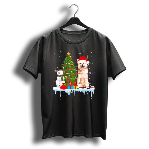 Akita Inu Santa Hat Wrapped In Christmas Lights With Tree Snowman And Gifts T Shirt 1 t shirt 1