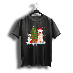 Akita Inu Santa Hat Wrapped In Christmas Lights With Tree Snowman And Gifts T-Shirt