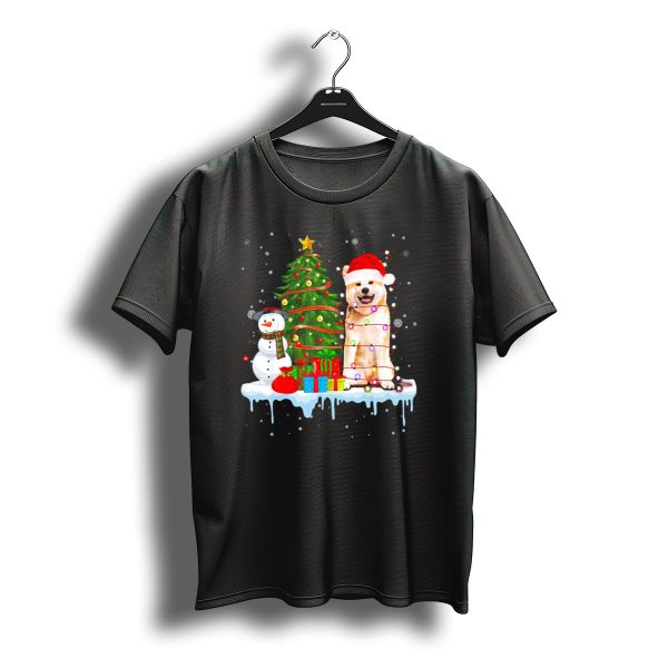 Akita Inu Santa Hat Wrapped In Christmas Lights With Tree Snowman And Gifts T Shirt t shirt 1