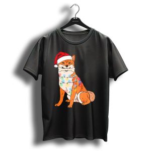 Akita Inu With Santa Hat And Christmas Lights Holding Bone T Shirt