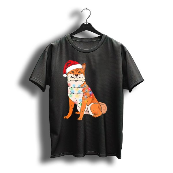 Akita Inu With Santa Hat And Christmas Lights Holding Bone T Shirt t shirt 1