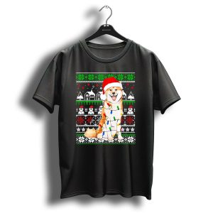Akita Inu Wrapped In Christmas Lights With Santa Hat And Festive T Shirt