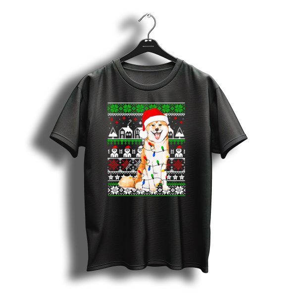 Akita Inu Wrapped In Christmas Lights With Santa Hat And Festive T Shirt t shirt 1