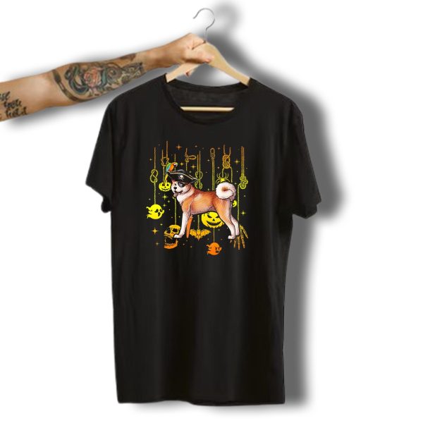 Akita Pirate Dog With Halloween Skeleton Skulls And Ghost Decorations T Shirt t shirt 1