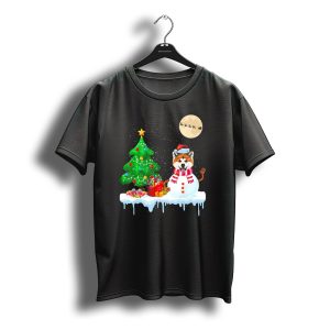 Akita Snowman With Christmas Tree And Santa'S Sleigh T-Shirt
