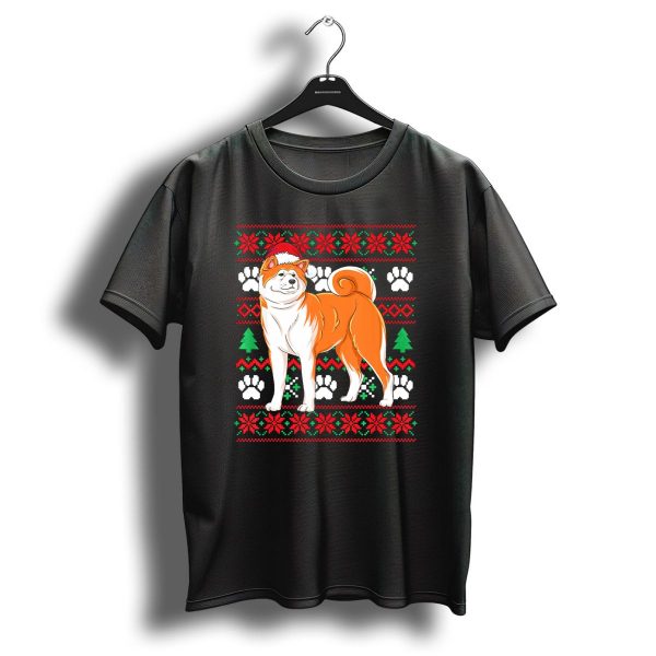 Akita Ugly Christmas Sweater Santa Hat Paw Prints Snowflakes Green Trees T Shirt 1 t shirt 1