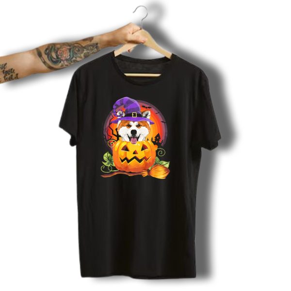 Akita Witch Pumpkin Halloween Dog Love Vintage Broomstick And Bat Scene T Shirt t shirt 1