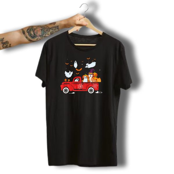Akita With Pumpkin Red Truck Halloween Ghosts Witch Hat Spiders Bats T Shirt t shirt 1