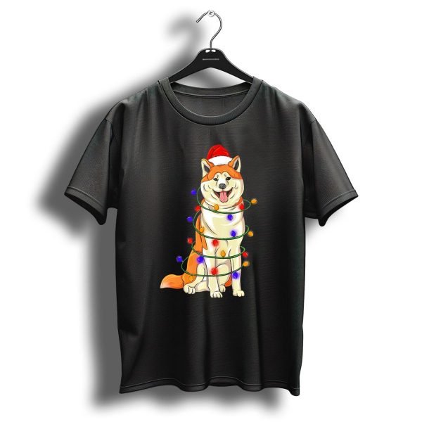 Akita Wrapped In Christmas Lights With Santa Hat T Shirt 1 t shirt 1