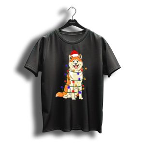 Akita Wrapped In Christmas Lights With Santa Hat T-Shirt
