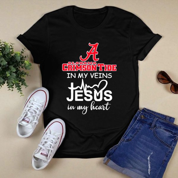 Alabama Crimson Tide A Logo In My Veins Jesus Heartbeat In My Heart T Shirt Style 1 Black 1