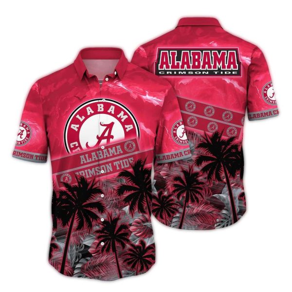 Alabama Crimson Tide Coconut Leafs Pattern Sunset Tropical Hawaiian Shirt 1