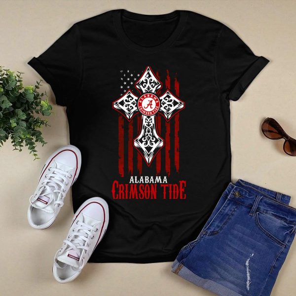 Alabama Crimson Tide Cross With American Flag And Script A T Shirt Style 1 Black 1