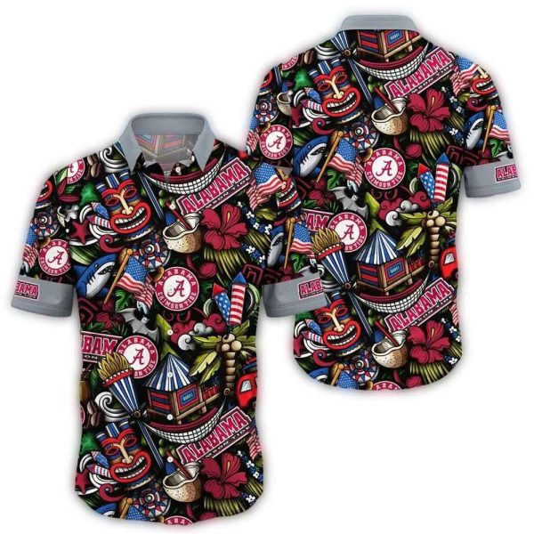 Alabama Crimson Tide Flower and Tiki Pattern Hawaiian Shirt 1