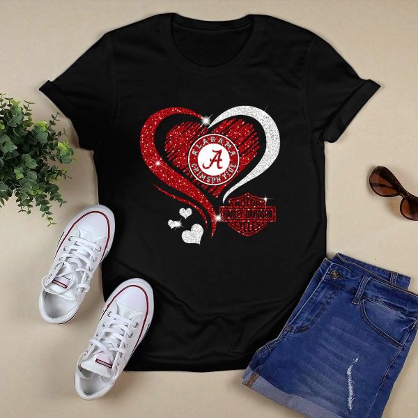 Alabama Crimson Tide Heart Sparkle HD Motorcycles T Shirt Style 1 Black 1