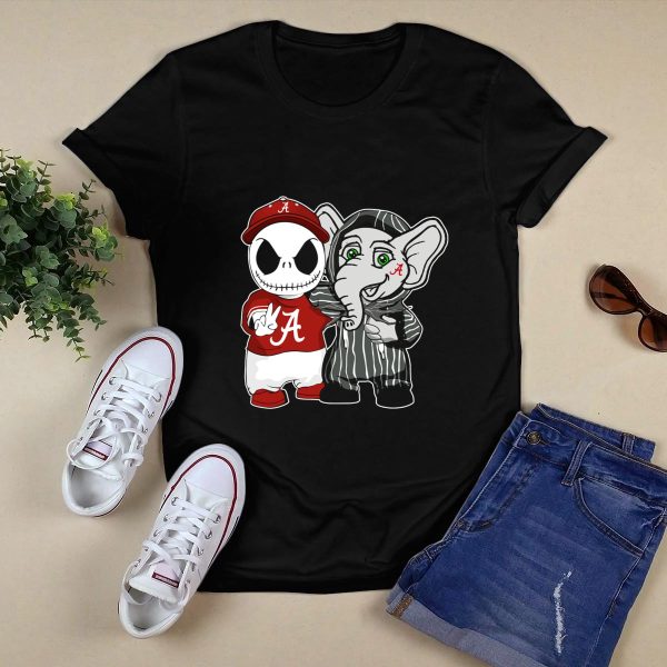 Alabama Crimson Tide Jack Skellington with Elephant in Striped T Shirt Style 1 Black 1