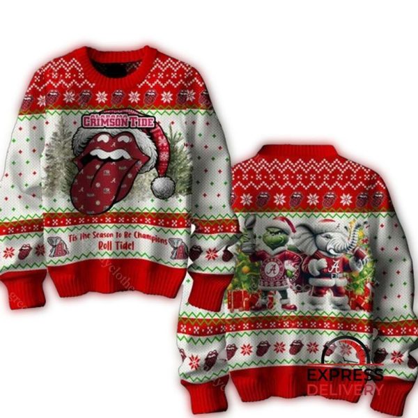 Alabama Crimson Tide Lips Santa Grinch Elephant Christmas Ugly Sweater 1