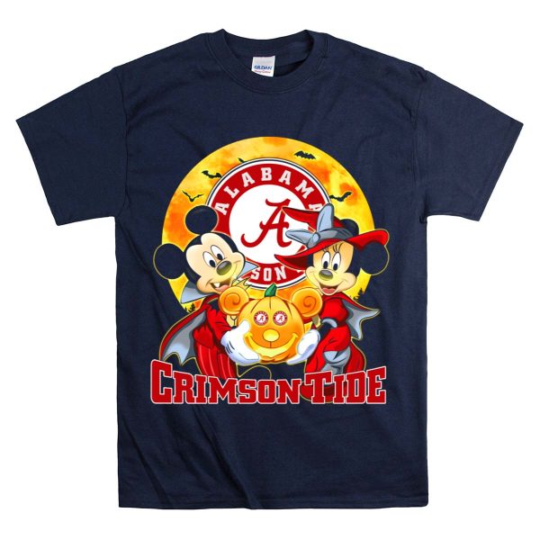 Alabama Crimson Tide Mickey Mouse Minnie Mouse Halloween Pumpkin Circle T Shirt Style 1 Navy